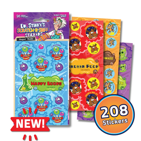 Dr. Stinky's 2026 NEW Stickers scratch-n-sniff sticker bundle, 8 packs, 208 stickers total