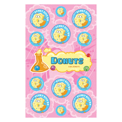 Dr. Stinky's Donuts scratch-n-sniff sticker sheet, 13 stickers across Jumbo, Large, Small & Mini sizes