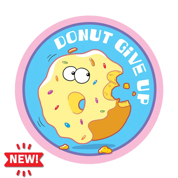 Dr. Stinky's Donuts scratch-n-sniff sticker, Large size (1.25-inch) with a NEW! badge