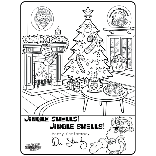 Black and white Christmas-themed coloring page with a tree, fireplace, and table. Free PDF Coloring Page.