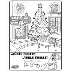 Black and white Christmas-themed coloring page with a tree, fireplace, and table. Free PDF Coloring Page.