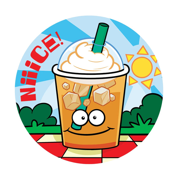 Dr. Stinky's Iced Coffee scratch-n-sniff sticker, Large size (1.25-inch)