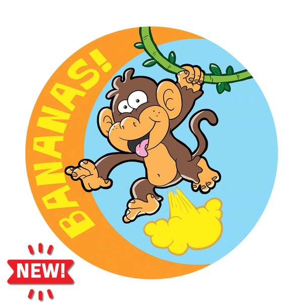 Dr. Stinky's Monkey Business scratch-n-sniff sticker, Large size (1.25-inch) with a NEW! badge