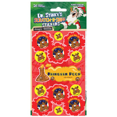 Dr. Stinky's Reindeer Poop scratch-n-sniff sticker package, 26 stickers with a bonus sticker inside