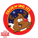 Dr. Stinky's Reindeer Poop scratch-n-sniff sticker, Large size (1.25-inch) with a NEW! badge