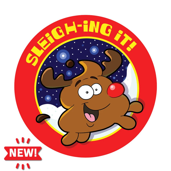 Dr. Stinky's Reindeer Poop scratch-n-sniff sticker, Large size (1.25-inch) with a NEW! badge