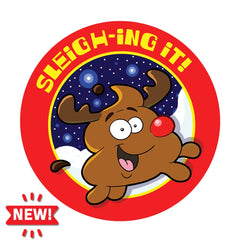 Dr. Stinky's Reindeer Poop scratch-n-sniff sticker, Large size (1.25-inch) with a NEW! badge