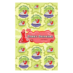 Dr. Stinky's Stinky Sneakers scratch-n-sniff sticker sheet, 13 stickers across Jumbo, Large, Small & Mini sizes