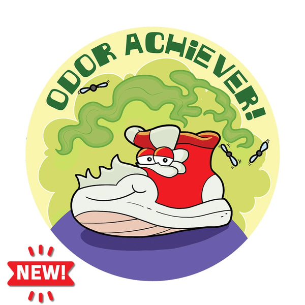 Dr. Stinky's Stinky Sneakers scratch-n-sniff sticker, Large size (1.25-inch) with a NEW! badge