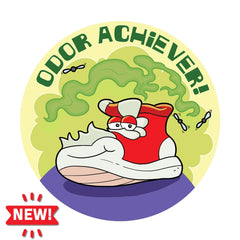 Dr. Stinky's Stinky Sneakers scratch-n-sniff sticker, Large size (1.25-inch) with a NEW! badge