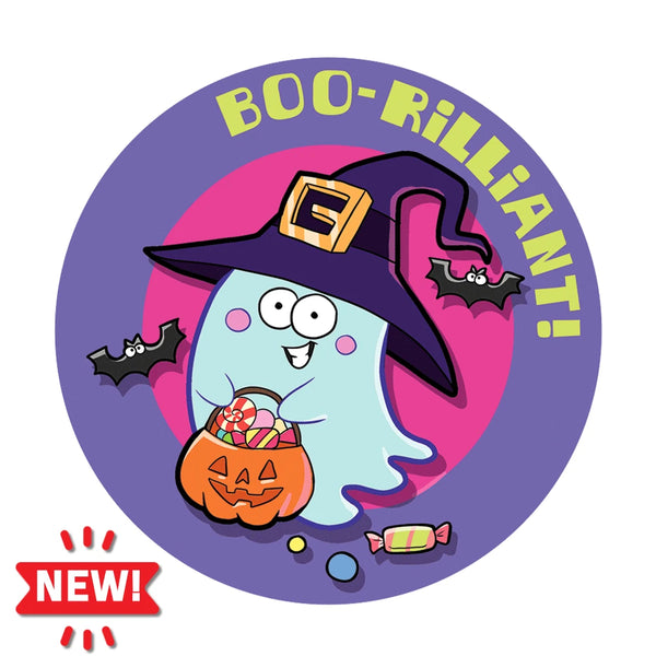 Dr. Stinky's Trick or Treat scratch-n-sniff sticker, Large size (1.25-inch) with a NEW! badge