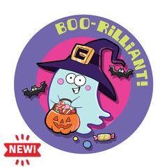 Dr. Stinky's Trick or Treat scratch-n-sniff sticker, Large size (1.25-inch) with a NEW! badge