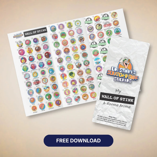 Collector sheet for Dr. Stinky's stickers, showing a foldable printout with all the stickers to collect and the words "Free Download"