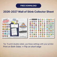 An infographic for the 2026-2027 Wall of Stink Collector Sheet download, showing two printed sheet previews with many colorful circular stickers and text instructions for printing double-sided. The top says FREE DOWNLOAD.