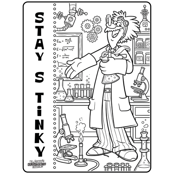 Cartoon scientist character with laboratory equipment and text 'Stay Stinky' on a black and white coloring page. Free Coloring Page PDF download.