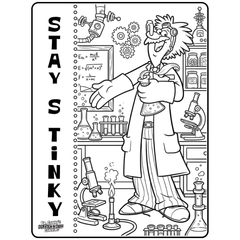 Cartoon scientist character with laboratory equipment and text 'Stay Stinky' on a black and white coloring page. Free Coloring Page PDF download.